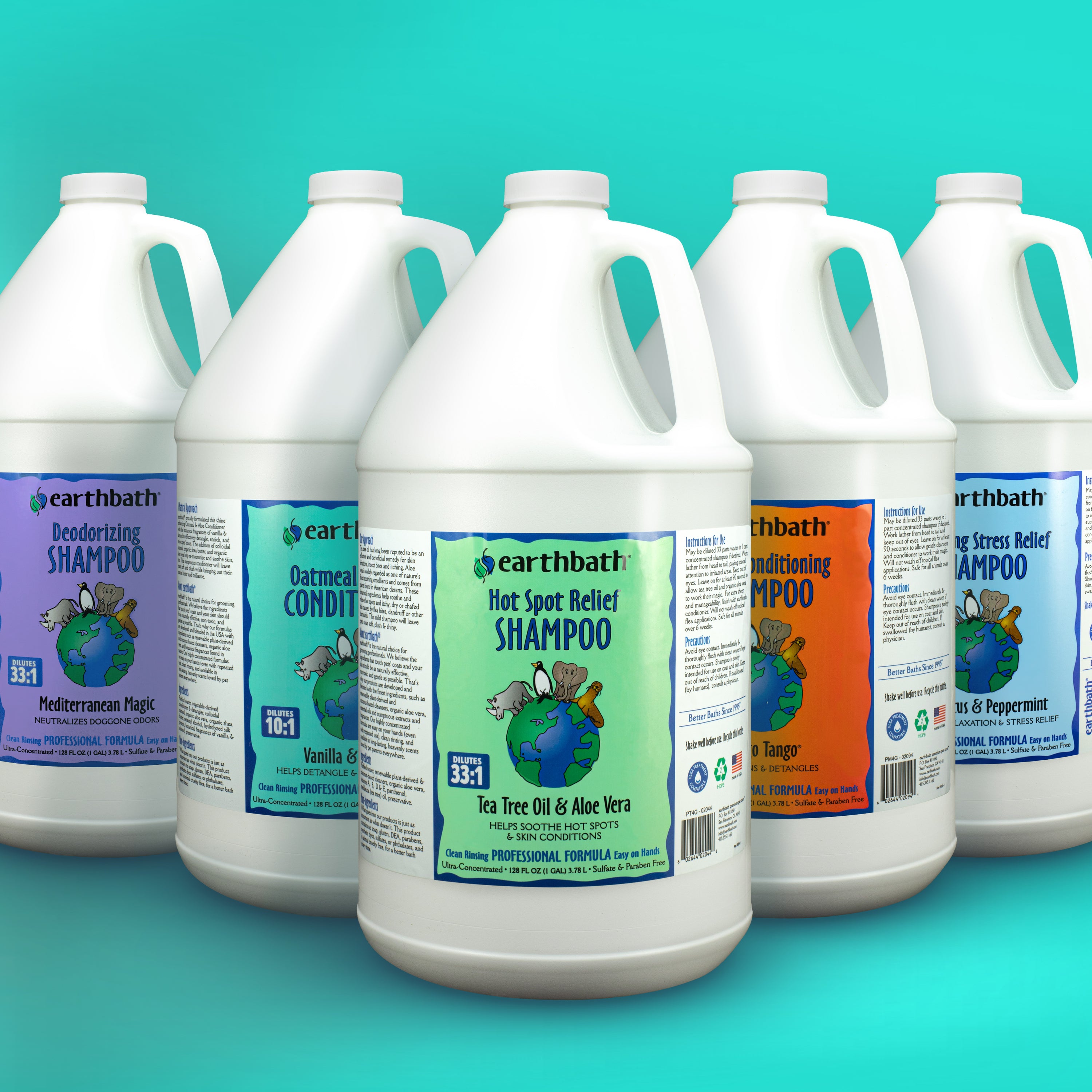 earthbath shampoo gallons on teal background