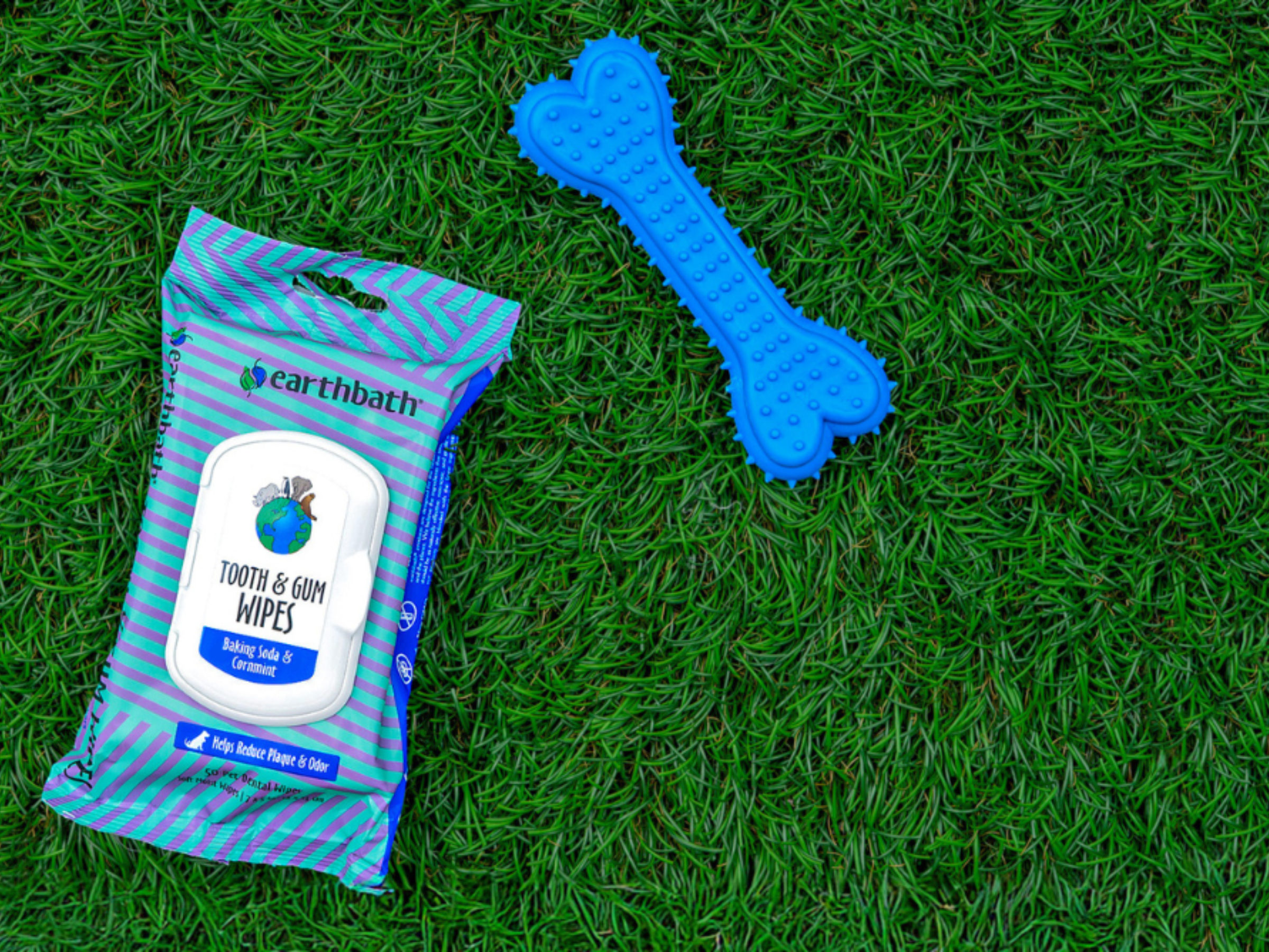 Earthbath tooth and gum wipes packaging with a blue bone-shaped toy on grass