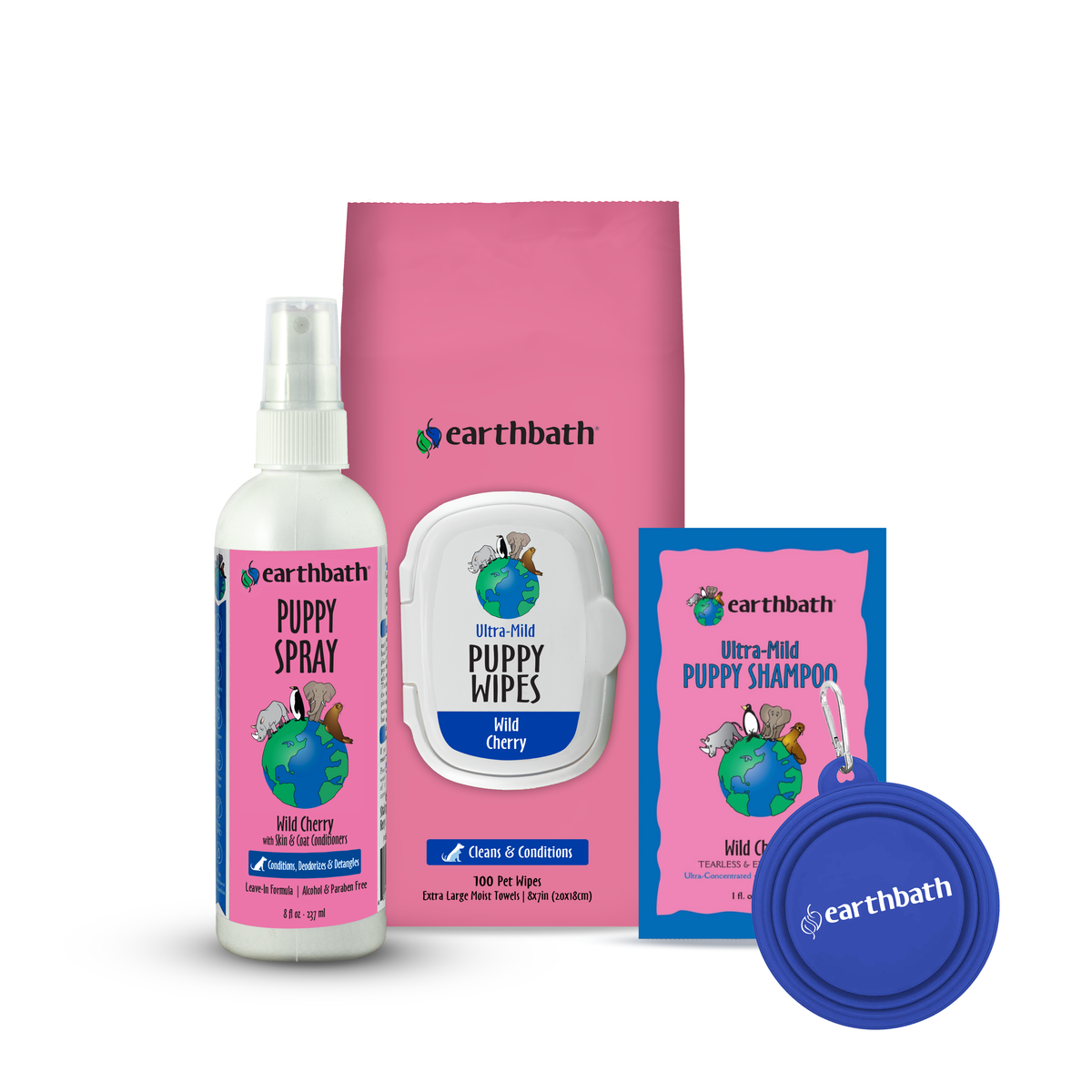 Earthbath pet care products including a spray bottle, wipes, shampoo, and container on a white background