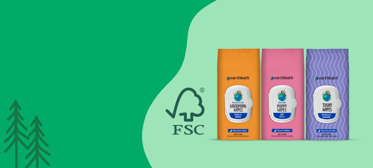 Three FSC-certified wet wipes packages from carthibush are displayed side-by-side on a green graphic background. The packages are colored orange, pink, and purple, with the middle package being pink and featuring a white cartoon character on the front.