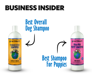 Two bottles of Earthbath dog shampoo with text indicating 'Best Overall Dog Shampoo' and 'Best Shampoo For Puppies'.
