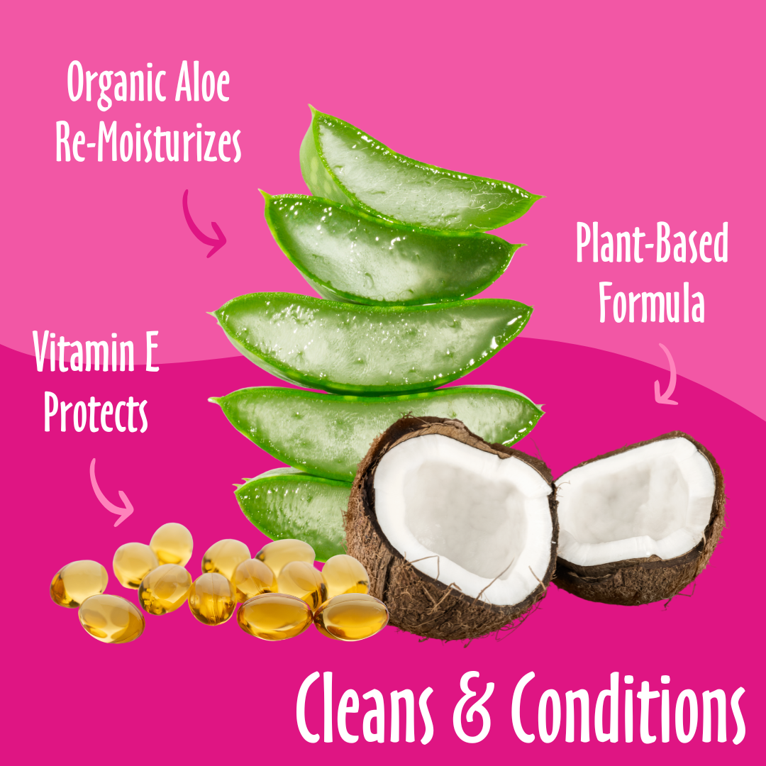 Cleans & Conditions elements like Organic Aloe, Plant-Based, Vitamin E and their benefits.