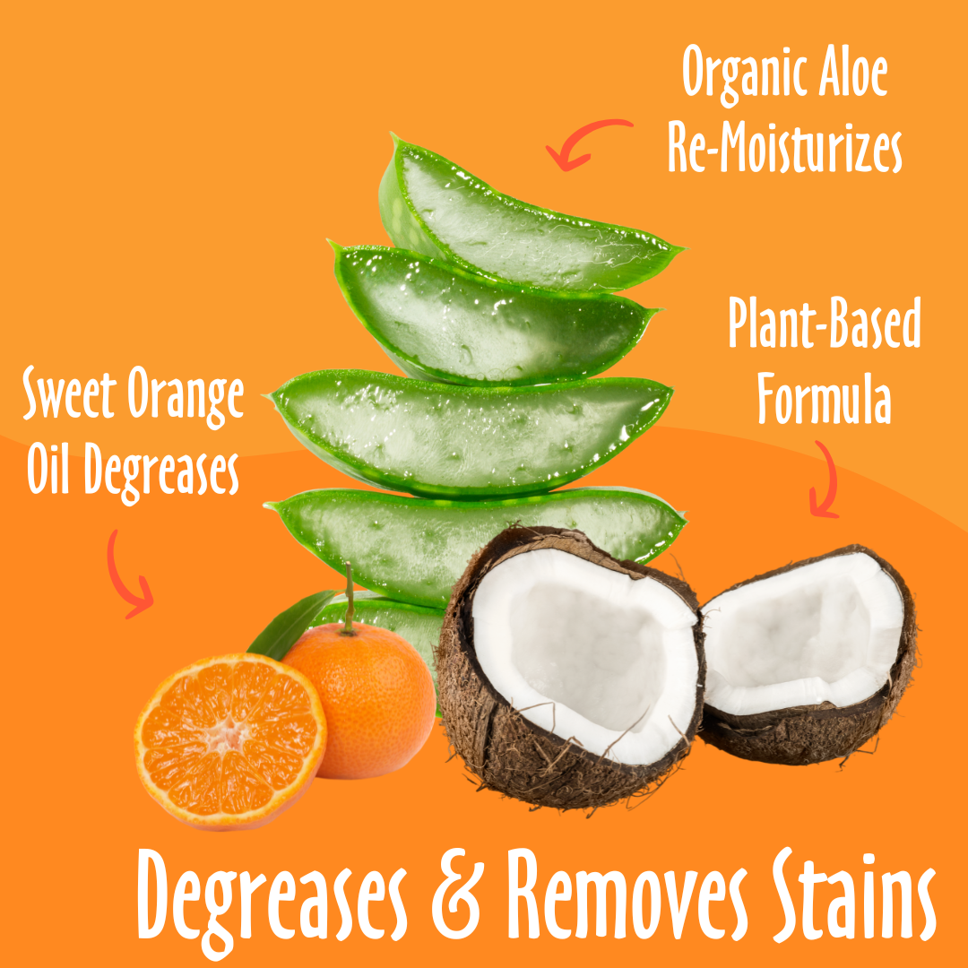 Degreases & Removes Stains elements like Sweet Orange, Organic Aloe, Plant-Based and their benefits. 