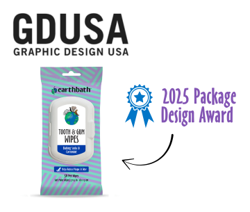Earthbath tooth and gum wipes package with GDUSA Graphic Design USA logo and 2025 Package Design Award text.
