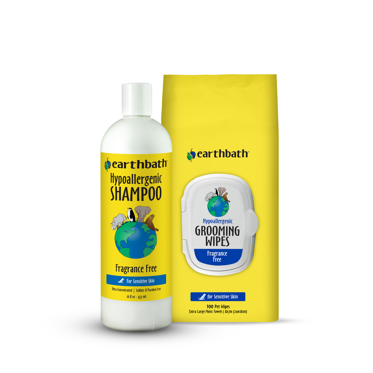 Earthbath shampoo bottle and grooming wipes packaging on a white background