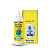Earthbath shampoo bottle and grooming wipes packaging on a white background