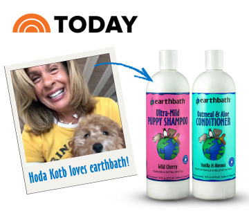 earthbath pet care products with a photo of a woman and dog, and Today show logo.