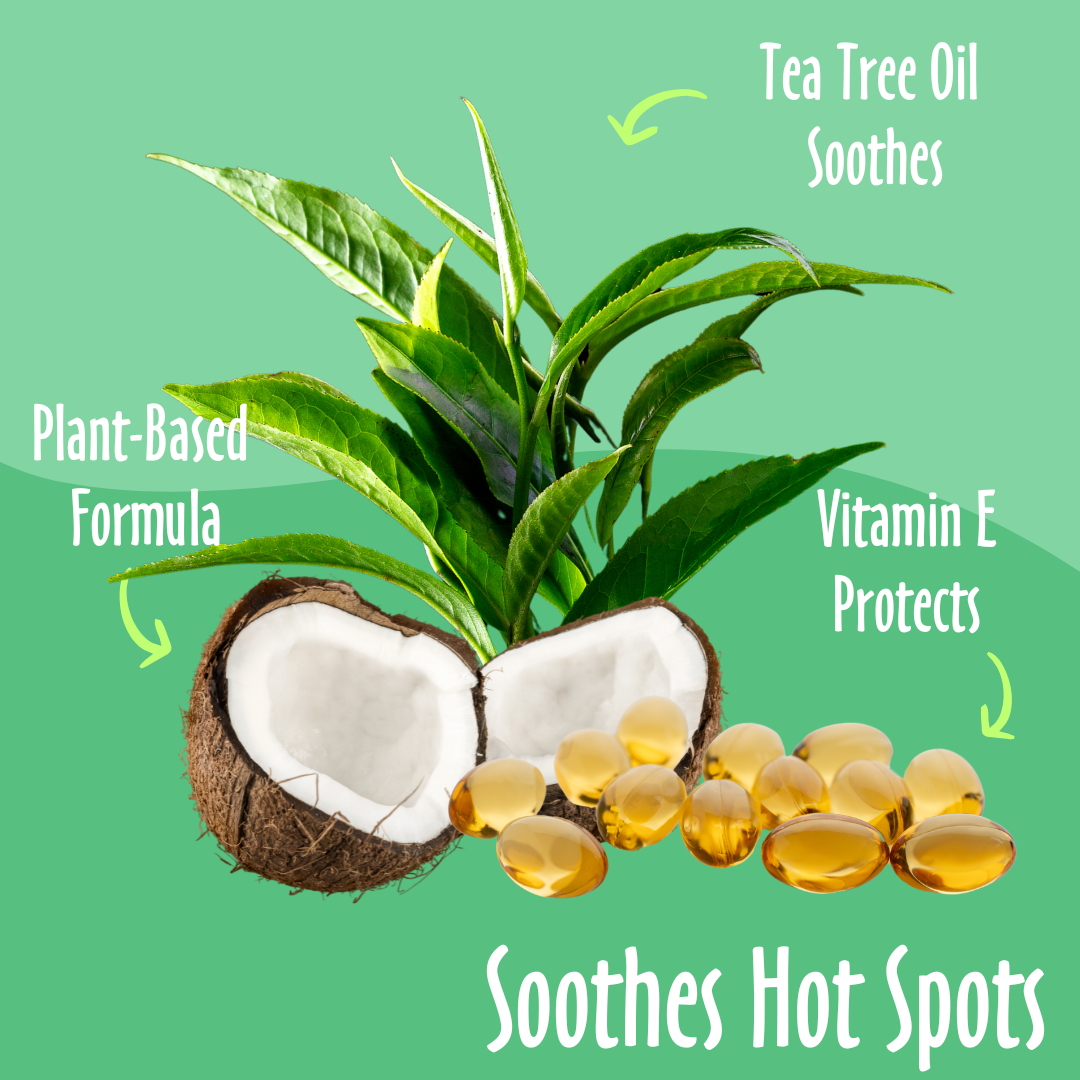 Soothes Hot Spots elements like Tea Tree, Plant-based, Vitamin E and their benefits.