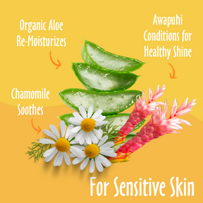 For sensitive skin elements like Chamomile, Organic Aloe, Awapuhi and their benefits. 