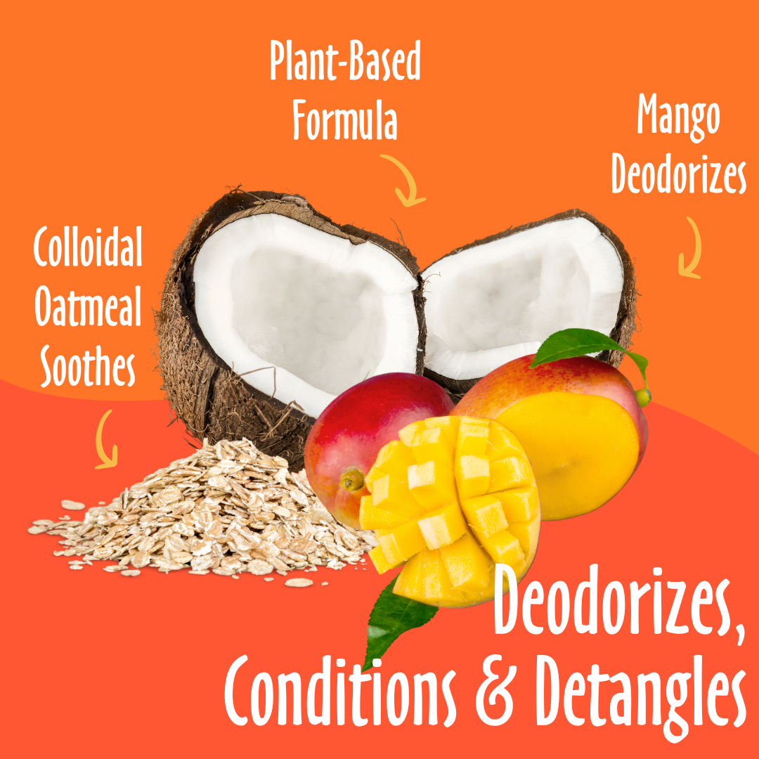 Deodorizes, Conditions & Detangles elements like Mango, Plant-Based and Oatmeal and their benefits. 