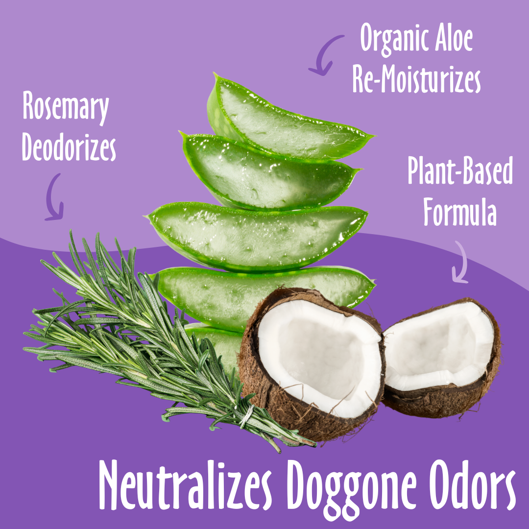 Neutralizes Doggone Odors elements like Rosemary, Organic Aloe, Plat-Based, and their benefits.