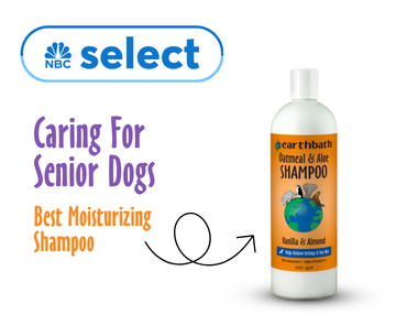 Earthbath shampoo bottle with NBC Select logo and text about caring for senior dogs.