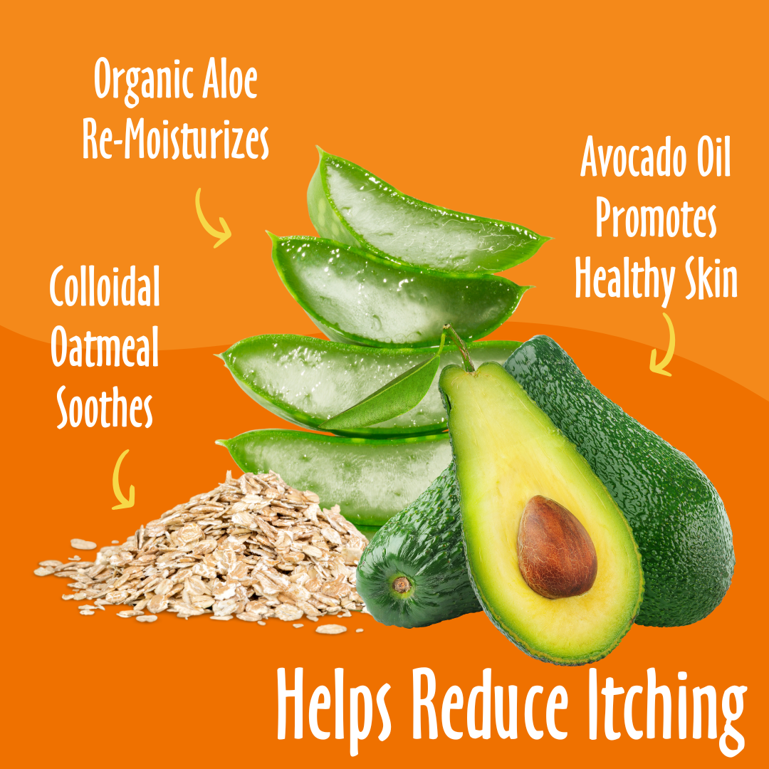 Helps Reduce Itching elements like organic aloe, avocado oil, oatmeal and their benefits.