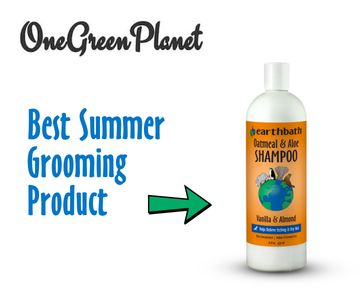 Earthbath shampoo bottle with 'One Green Planet' text and 'Best Summer Grooming Product' claim on a white background.