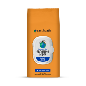 A pack of earthbath Grooming Wipes for pets, with Oatmeal & Aloe, vanilla and almond scent, in an orange packaging.