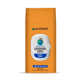 A pack of earthbath Grooming Wipes for pets, with Oatmeal & Aloe, vanilla and almond scent, in an orange packaging.