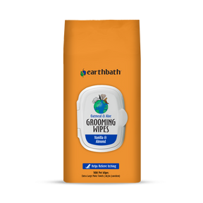 A pack of earthbath Grooming Wipes for pets, with Oatmeal & Aloe, vanilla and almond scent, in an orange packaging.