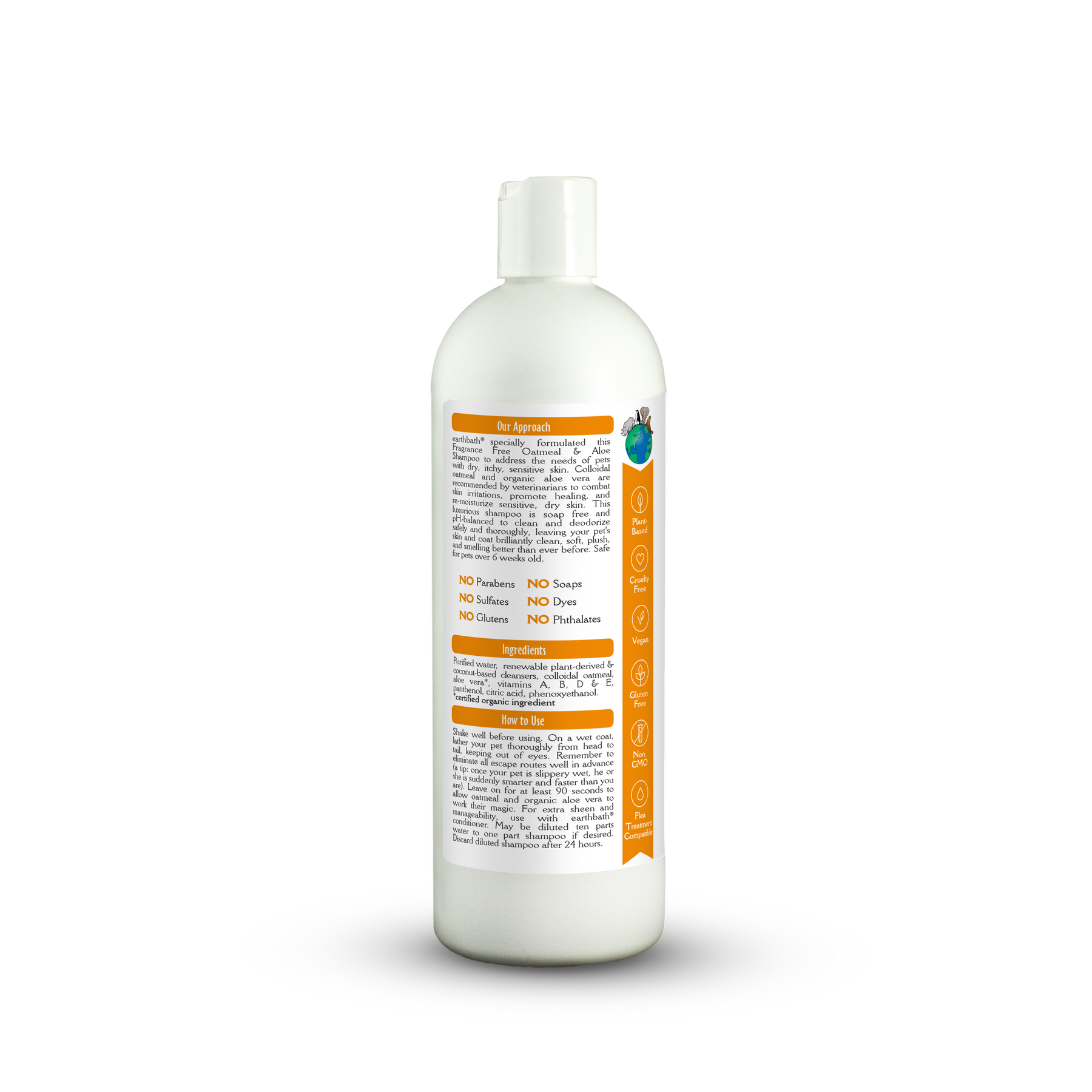 White bottle with an orange label on a white background