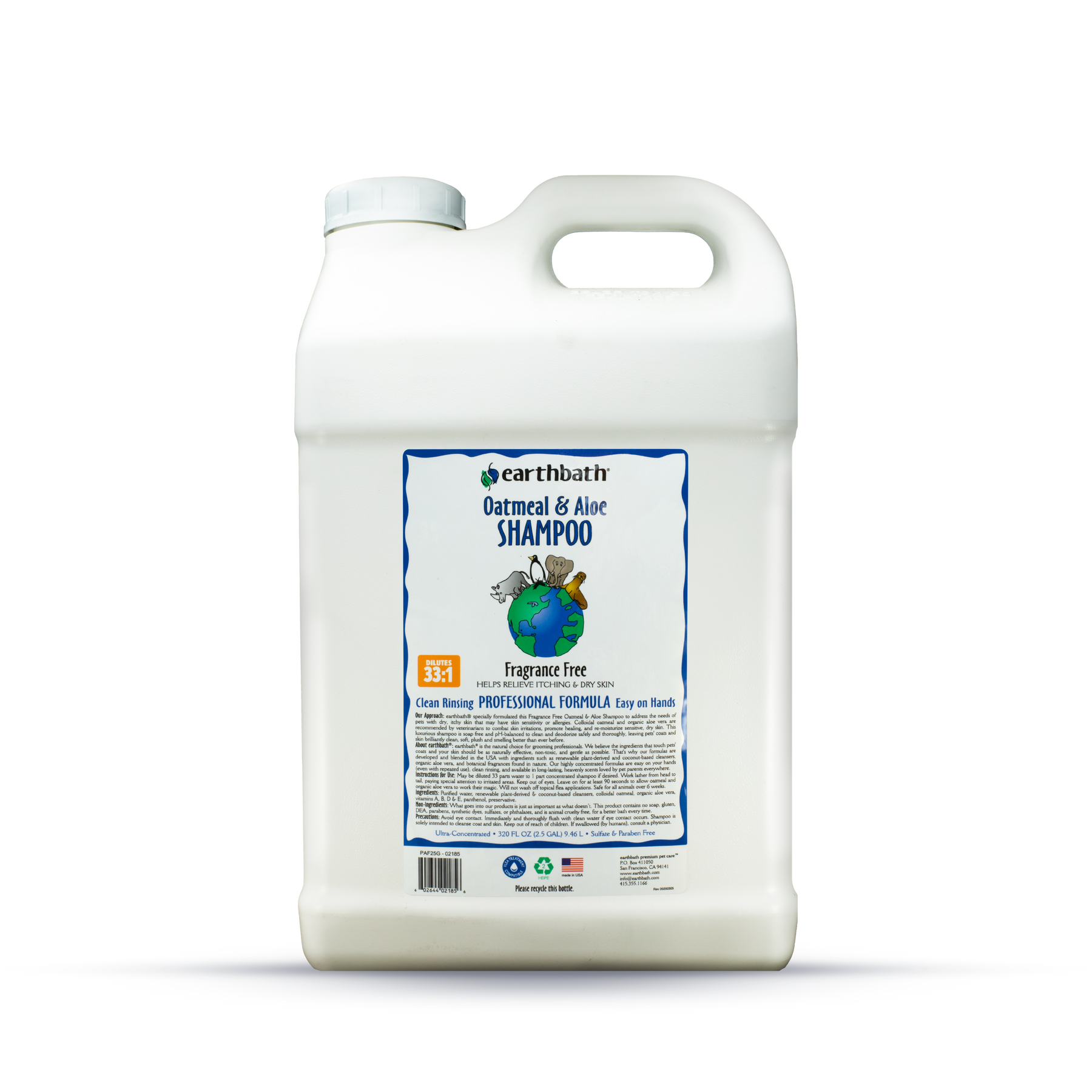 Gallon container of Earthbath Oatmeal & Aloe Shampoo on a white background