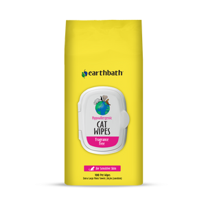 A pack of earthbath Hypoallergenic Cat Wipes with a bright yellow packaging, featuring a white graphic of a cat and product details.