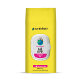 A pack of earthbath Hypoallergenic Cat Wipes with a bright yellow packaging, featuring a white graphic of a cat and product details.