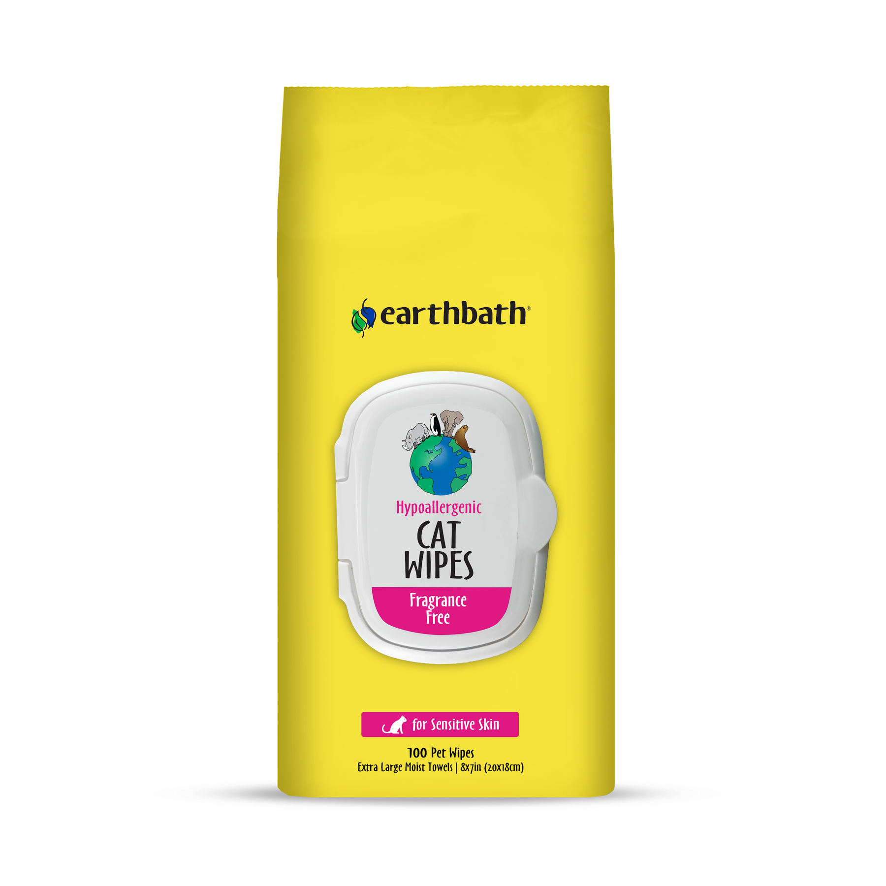 A pack of earthbath Hypoallergenic Cat Wipes with a bright yellow packaging, featuring a white graphic of a cat and product details.