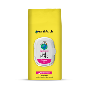 A pack of earthbath Hypoallergenic Cat Wipes with a bright yellow packaging, featuring a white graphic of a cat and product details.