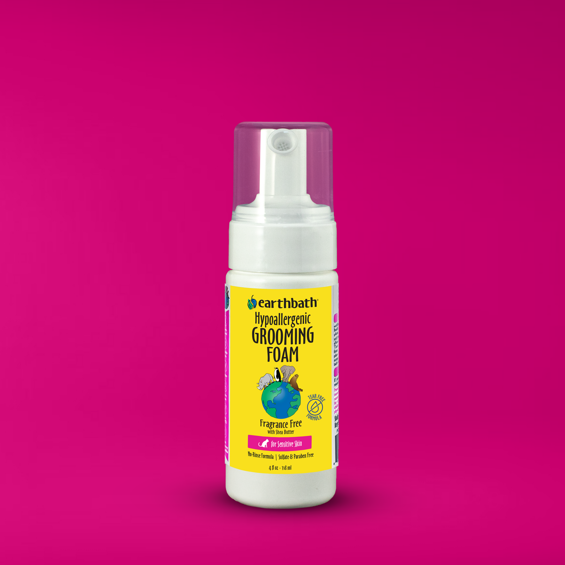 A bottle of earthbath Hypoallergenic Grooming Foam for cats on pink background