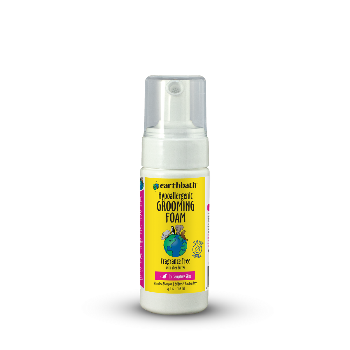 Earthbath grooming foam bottle with yellow label on a white background