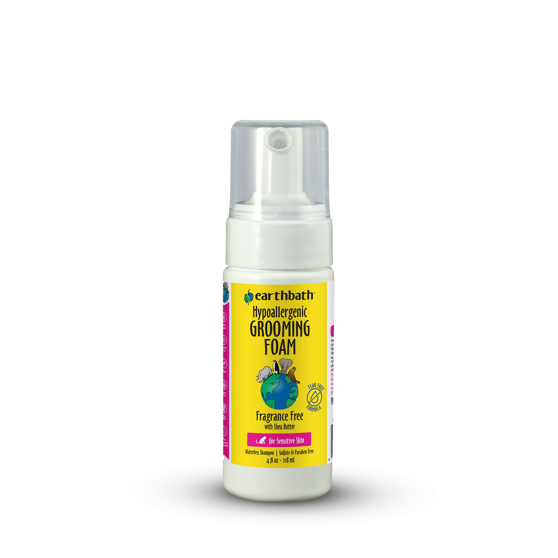 Earthbath grooming foam bottle with yellow label on a white background