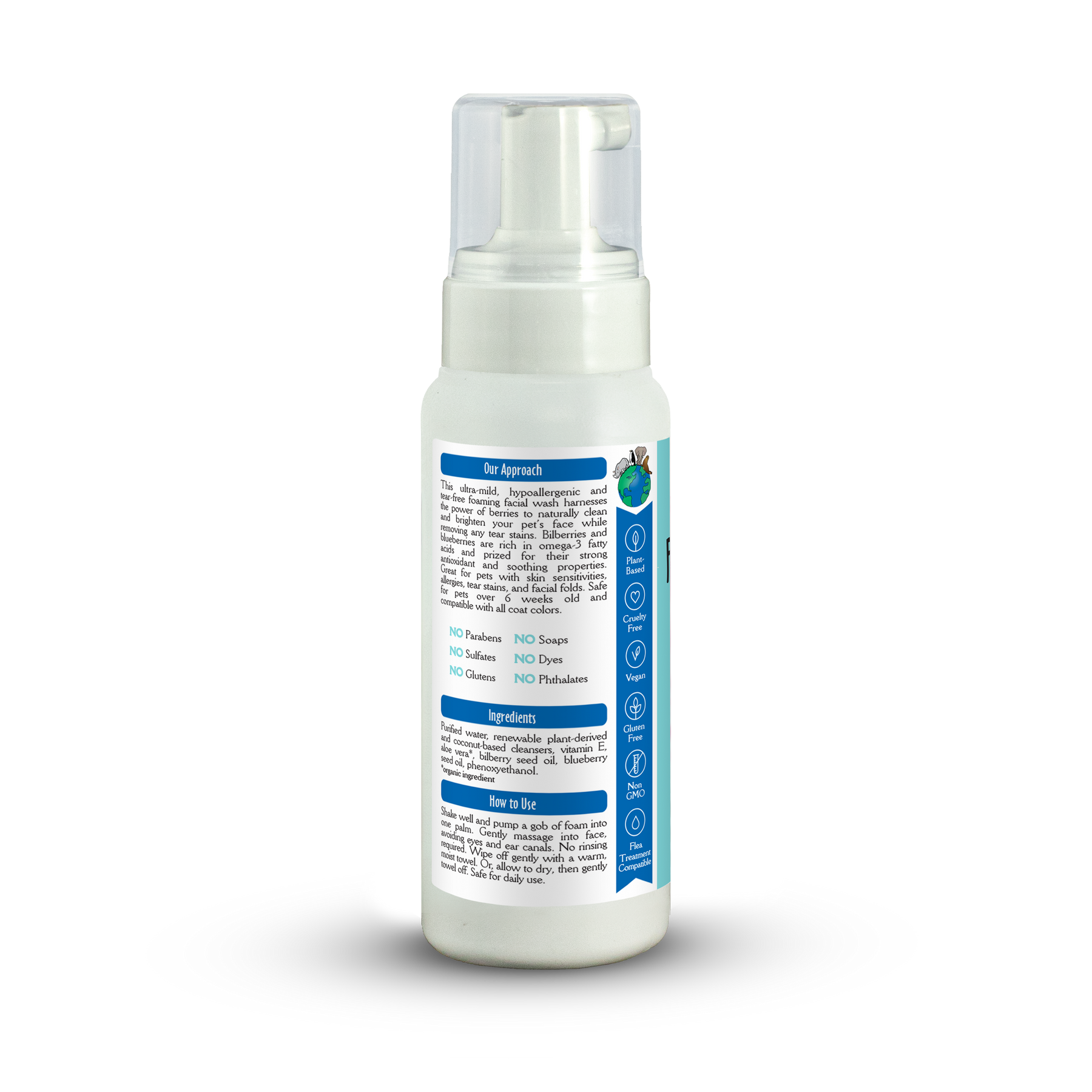 White bottle with blue label on a white background