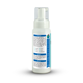 White bottle with blue label on a white background