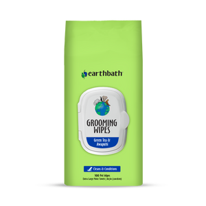A pack of earthbath Grooming Wipes for pets with green tea and awapuhi scents, featuring a white and green design with product information.