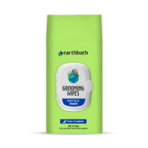 A pack of earthbath Grooming Wipes for pets with green tea and awapuhi scents, featuring a white and green design with product information.