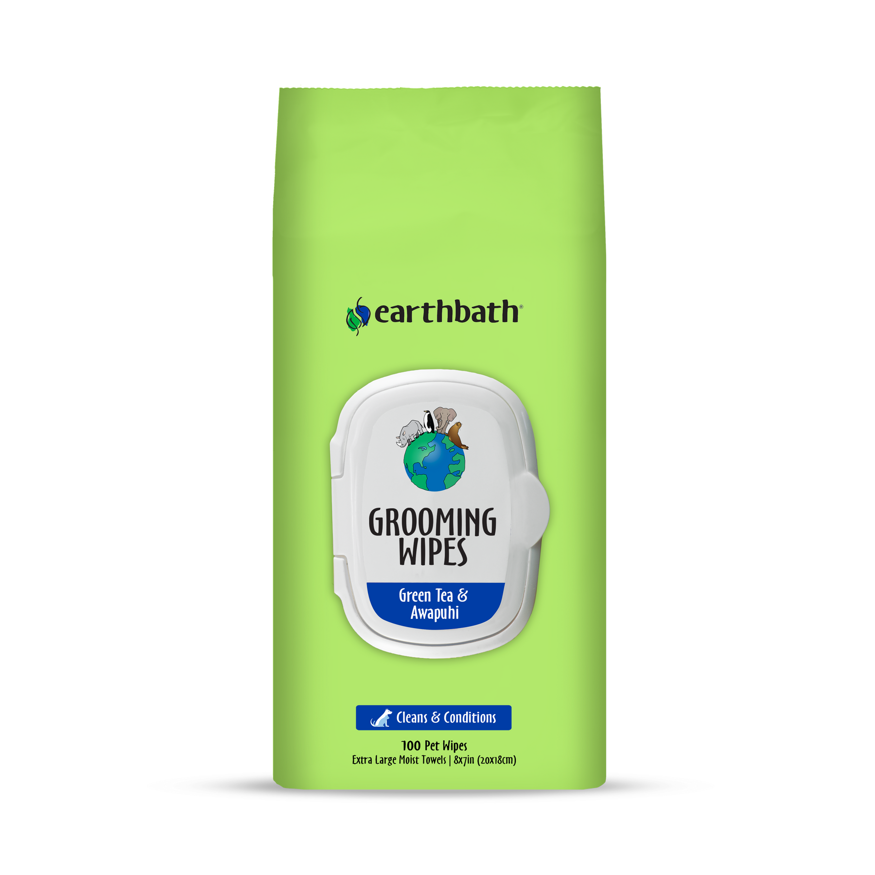 A pack of earthbath Grooming Wipes for pets with green tea and awapuhi scents, featuring a white and green design with product information.