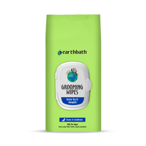 A pack of earthbath Grooming Wipes for pets with green tea and awapuhi scents, featuring a white and green design with product information.