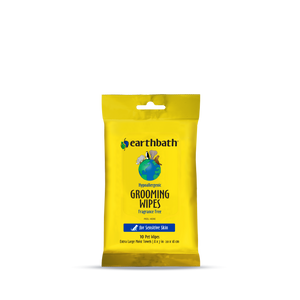 Yellow pack of Earthbath grooming wipes on a white background