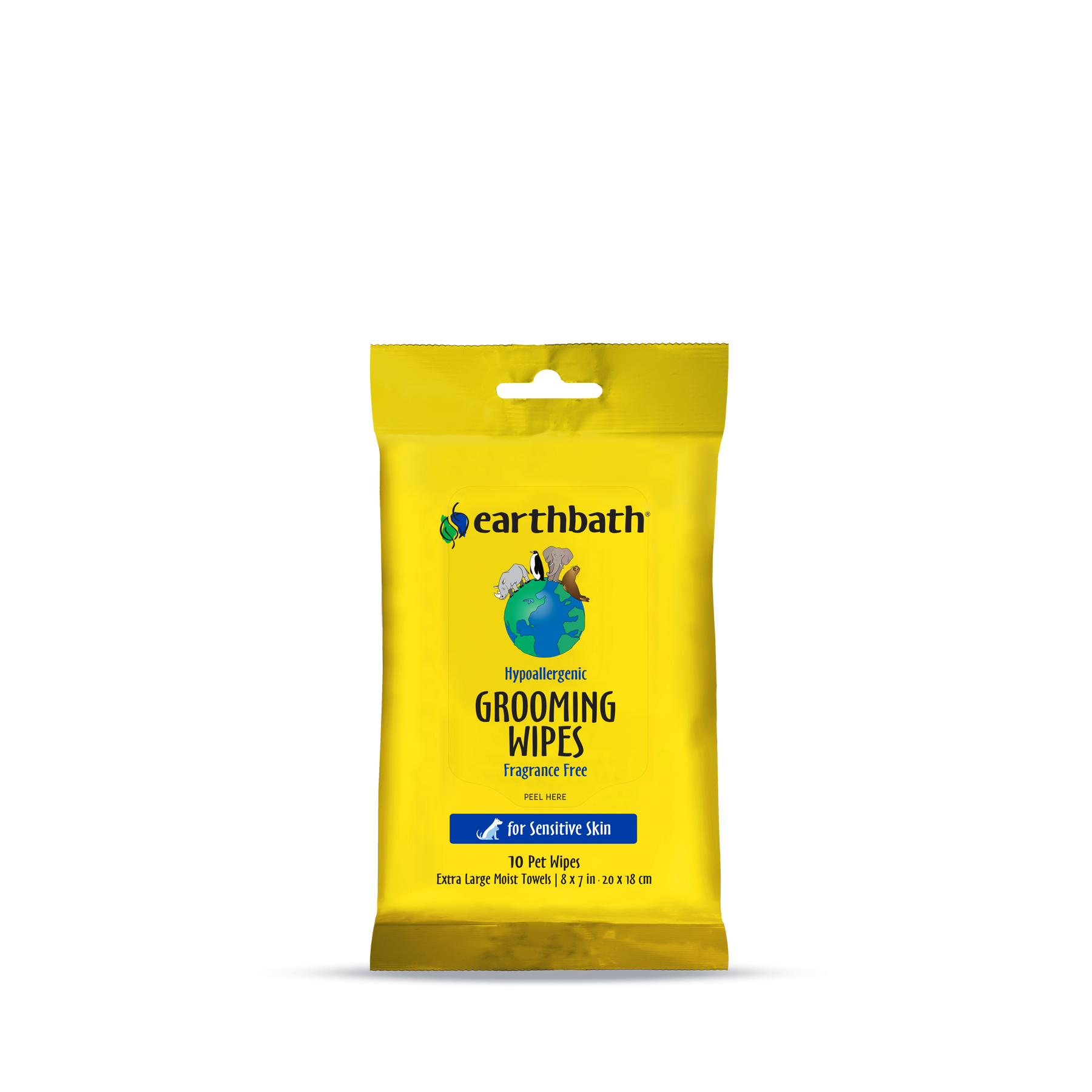 Yellow pack of Earthbath grooming wipes on a white background