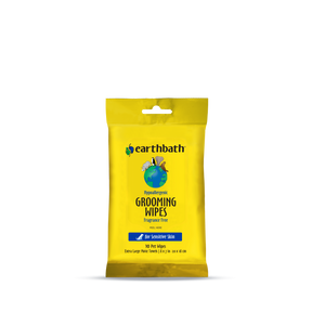 Yellow pack of Earthbath grooming wipes on a white background