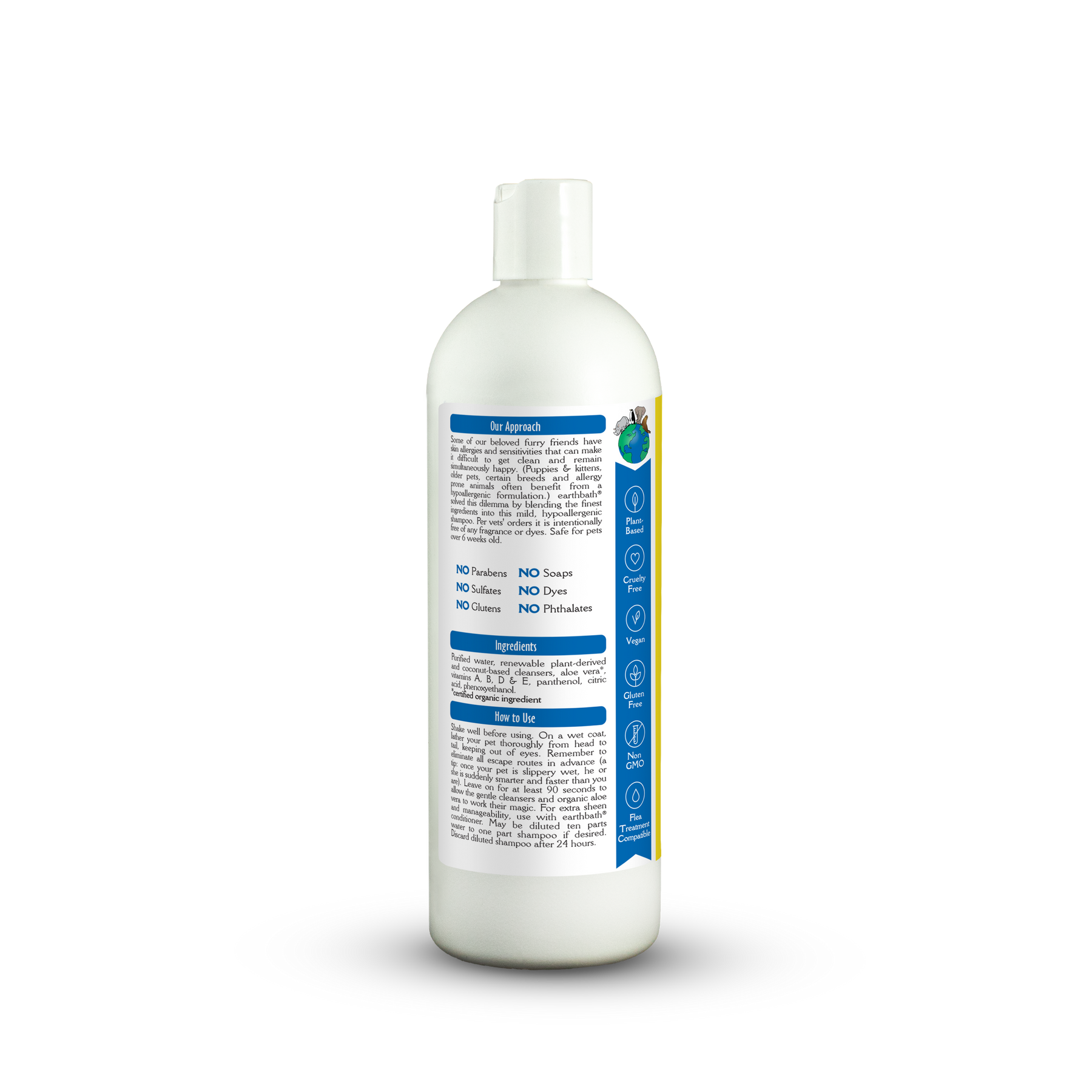 White bottle with a blue label on a white background