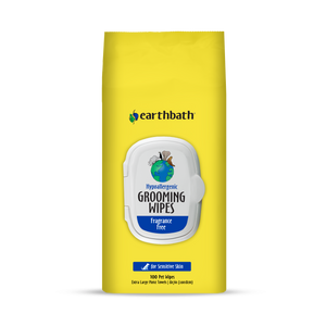 A pack of earthbath Hypoallergenic Grooming Wipes for pets, with a label showing the brand logo and product information. The packaging is yellow with a white and blue label.