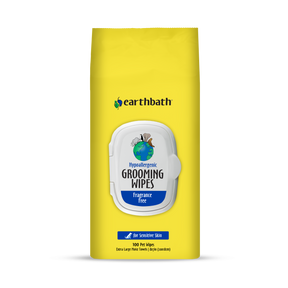 A pack of earthbath Hypoallergenic Grooming Wipes for pets, with a label showing the brand logo and product information. The packaging is yellow with a white and blue label.