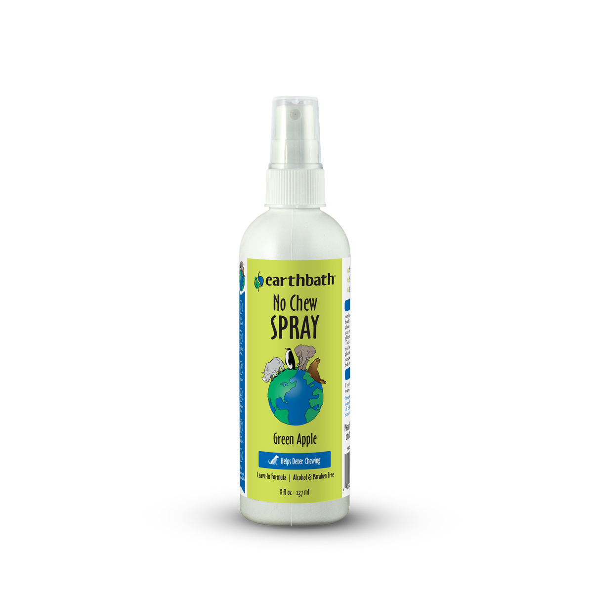 Bottle of Earthbath No Chew Spray with green apple flavor on a white background