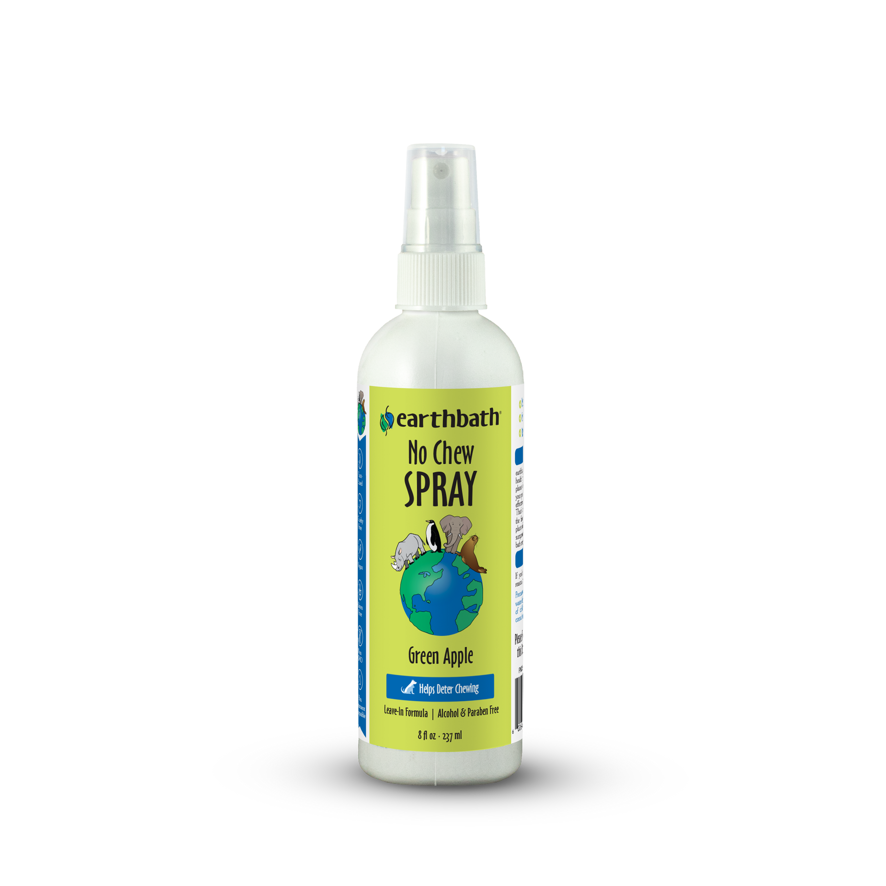 Bottle of Earthbath No Chew Spray with green apple flavor on a white background
