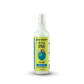 Bottle of Earthbath No Chew Spray with green apple flavor on a white background