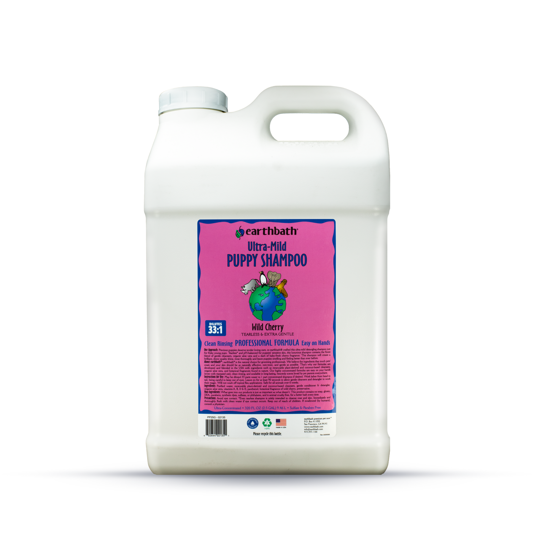 Gallon container of Earthbath Ultra-Mild Puppy Shampoo on a white background
