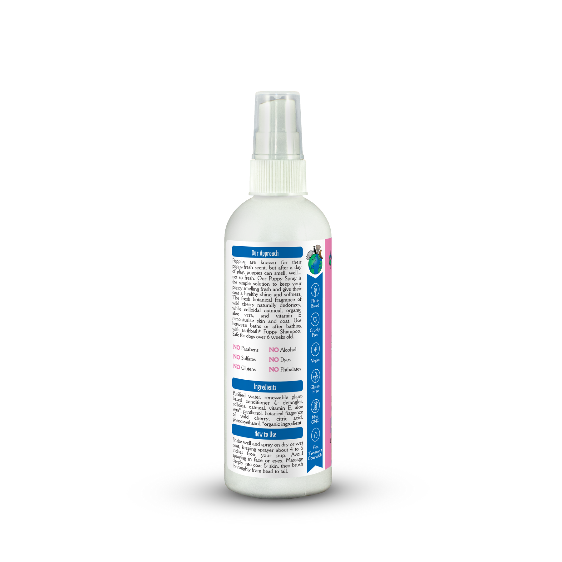 White spray bottle with a label on a white background