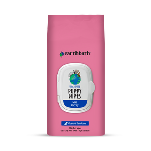 A pack of earthbath Ultra-Mild Puppy Wipes with a white background, featuring a white lid with the product name and a blue logo, and text indicating the use and features of the wipes.