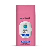 A pack of earthbath Ultra-Mild Puppy Wipes with a white background, featuring a white lid with the product name and a blue logo, and text indicating the use and features of the wipes.