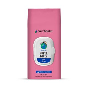 A pack of earthbath Ultra-Mild Puppy Wipes with a white background, featuring a white lid with the product name and a blue logo, and text indicating the use and features of the wipes.